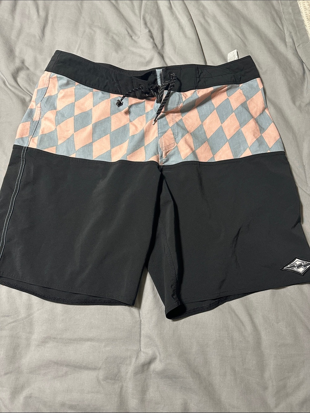 Billabong Black Swim Board Shorts with Peach & Light Blue Diamond Waistband